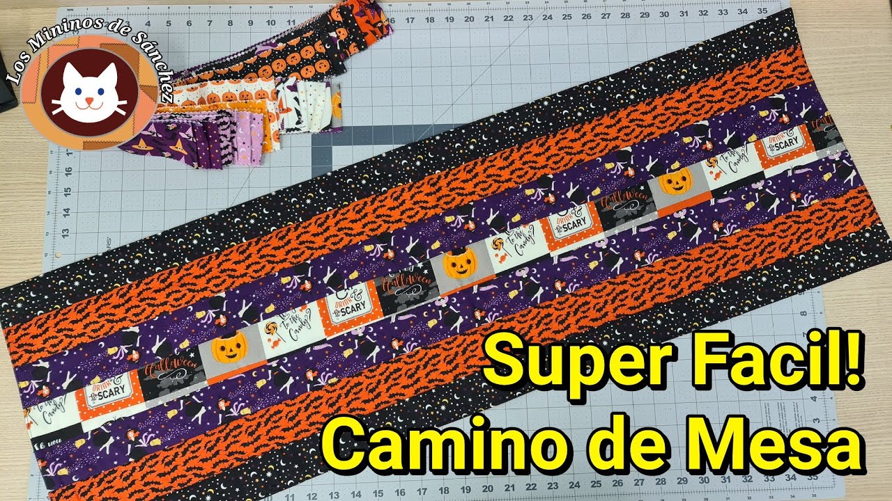Sólo necesitas tiras de Tela y Máquina de Coser. Camino de Mesa Halloween.