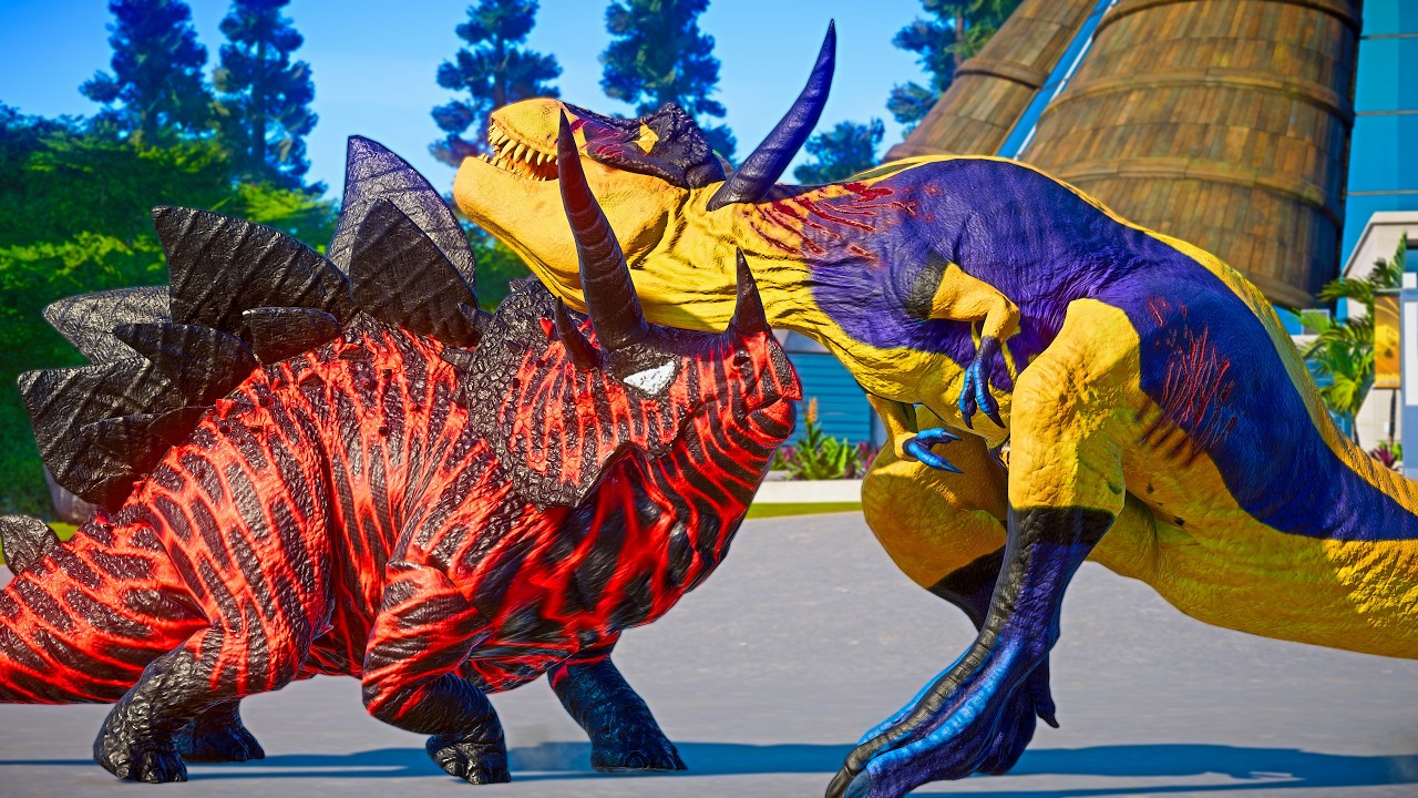 Spider-Man Stegoceratops VS Wolverine T-REX! Superhero Dino Brawl in JWE 💥