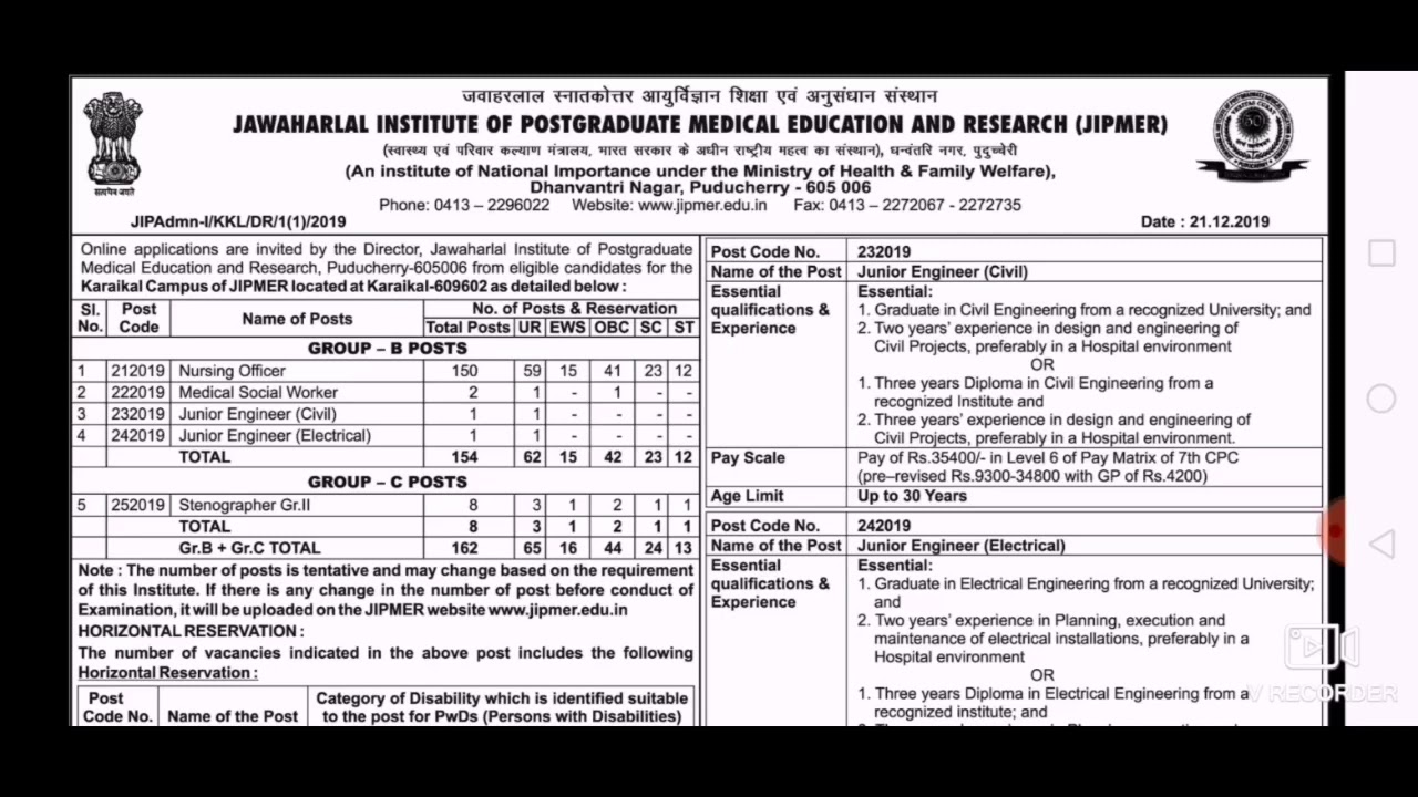Diploma and Engineering  Apply online JIPMER2020