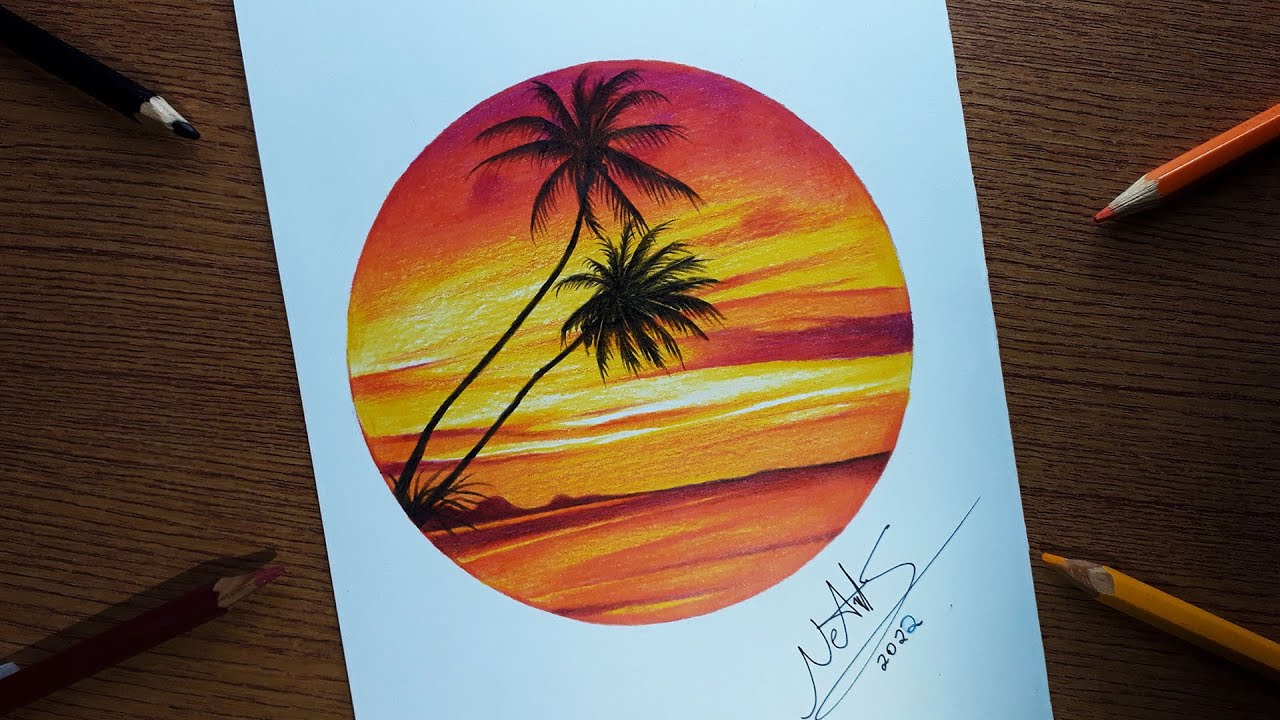 Desenhando POR DO SOL - COMO DESENHAR E COLORIR PAISAGEM POR DO SOL com lápis de cores Passo a Passo