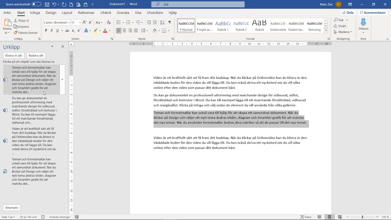 Word - Kopierad text i urklipp