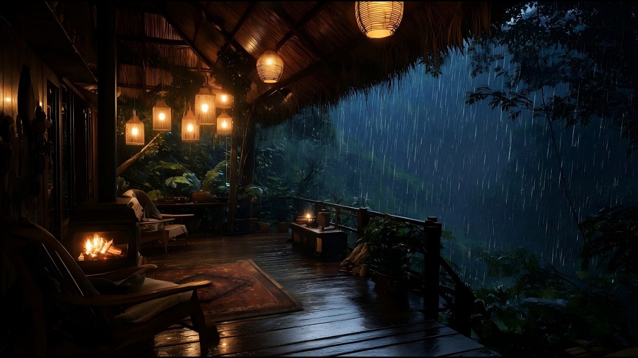 🔴 LIVE: 12 Hours Tropical Rain & Warm Fireplace ASMR | Cozy Jungle Hut for Sleep, Study & Focus