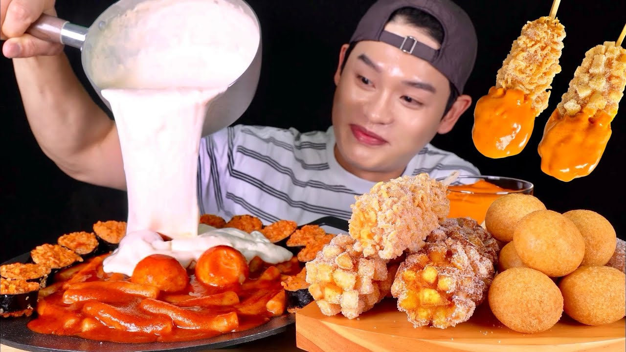 ASMR 치즈폭포 떨어진 신전떡볶이와 감자 라면땅 고구마핫도그 매콤신전김밥 먹방~!! Cheese Pondue With Tteokbokki Corn Dog MuKBang~!!