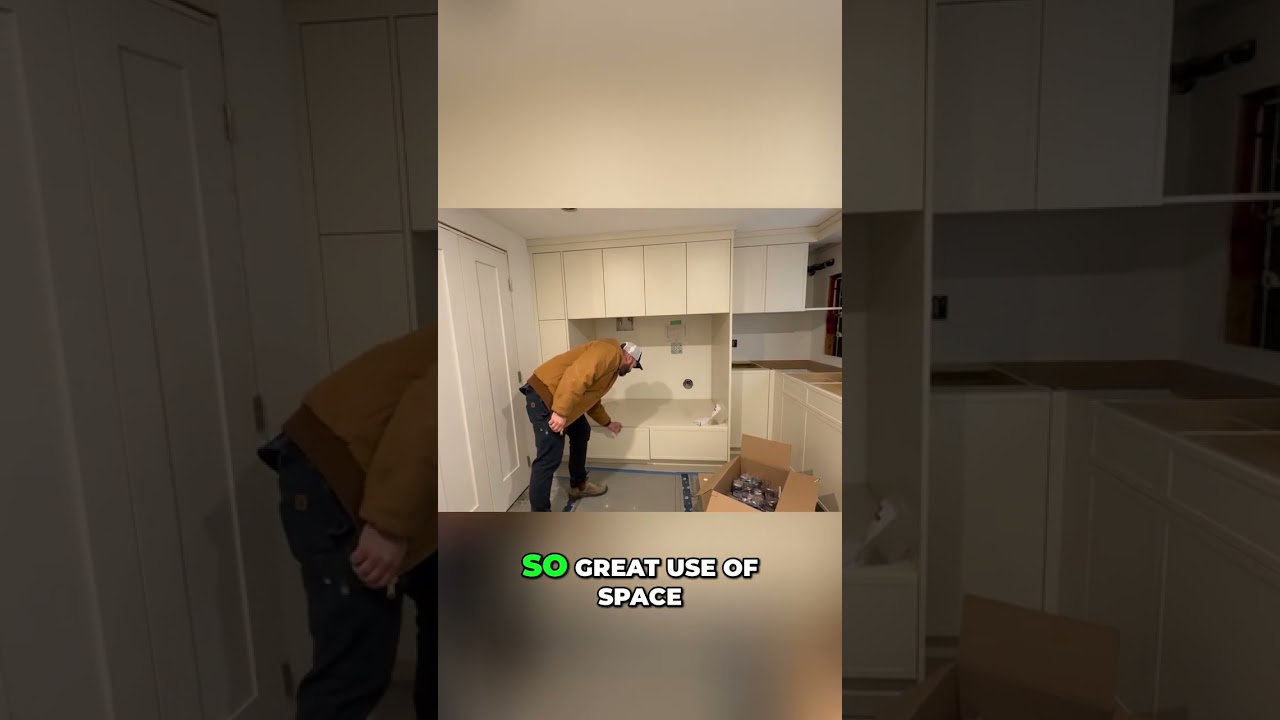 Smart Laundry Room Millwork Elevated Washer Dryer and Bar Fridge