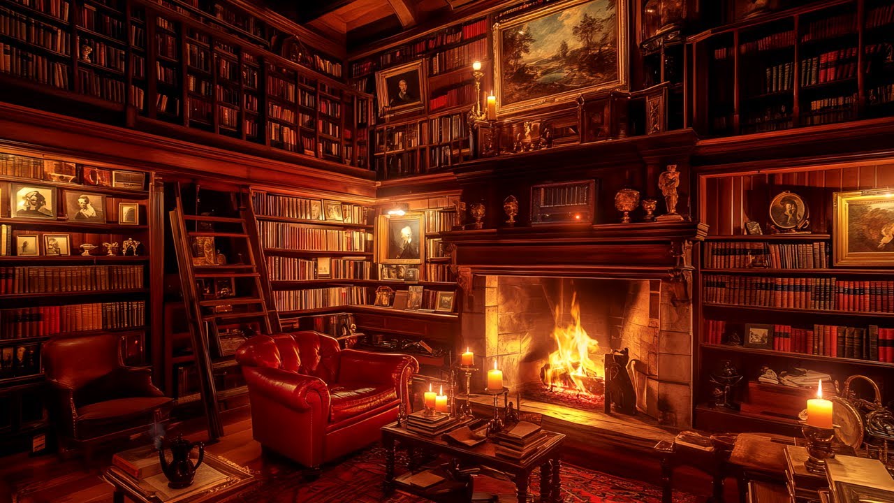 Cozy Library Reading by the Fireplace with Relaxing Jazz Music Playing | Sleep, Study or Work ✨
