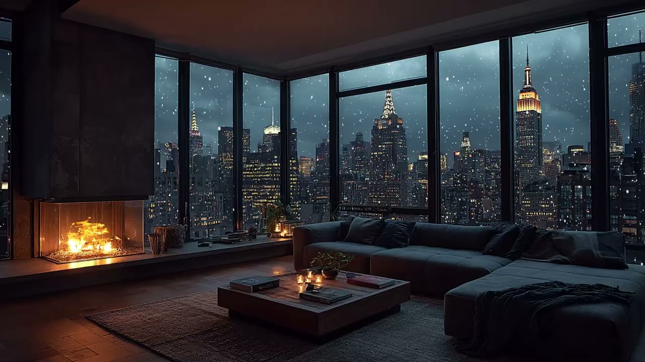 A Cozy Snowy Night from a Luxury Loft in New York City with Winter Ambience & Fireplace