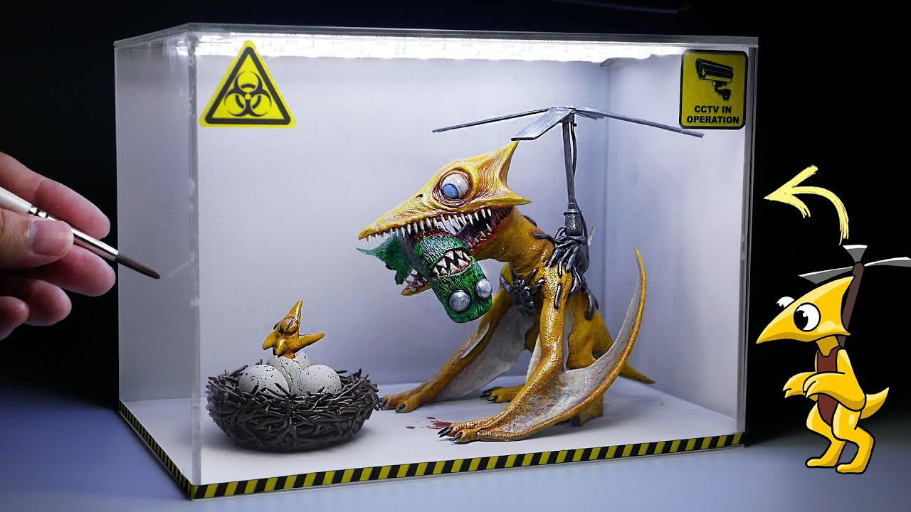 Diorama of realistic Rainbow Friends Yellow Hunted Green in the Laboratory