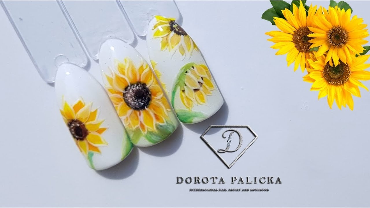 Nail tutorial. How to paint Sunflowers nail art. Summer nails ideas white with yelow episode #15