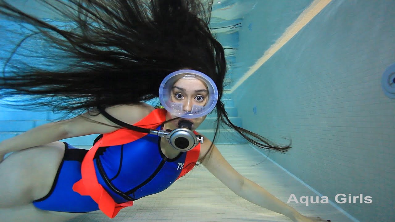 Long Hair Scuba Diving Girl Underwater