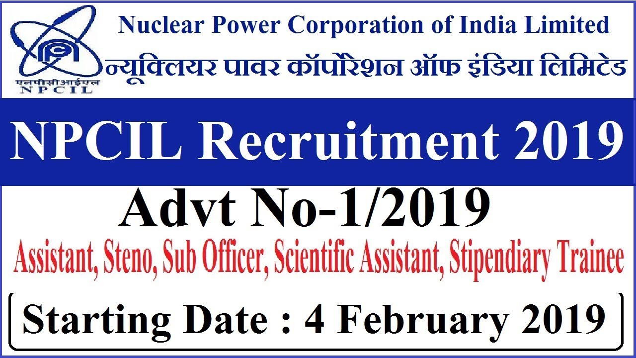 NPCIL Recruitment 2019 &brvbar;&brvbar; Apply Online Assistant, Steno, Sub Officer 24 Post