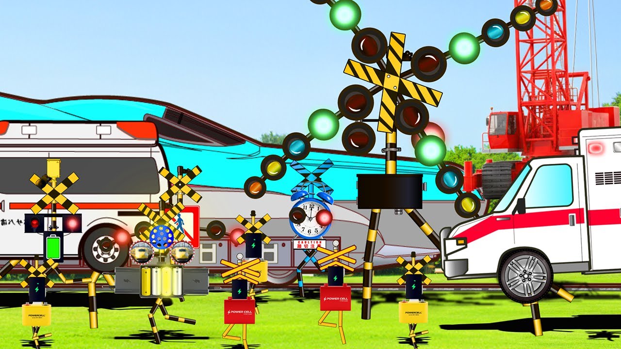 踏切アニメ　充電が切れたへんなふみきりカンカンと救急車　Railroad Crossing and train　fumikiri　　ドクターイエロー　はやぶさ　新幹線
