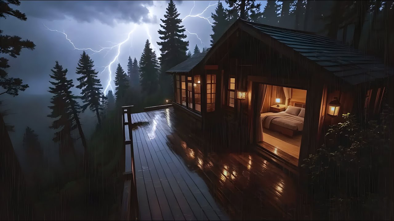 Soft Night Rain – Deep Sleep | Cozy Cabin Ambience (Distant Thunder)
