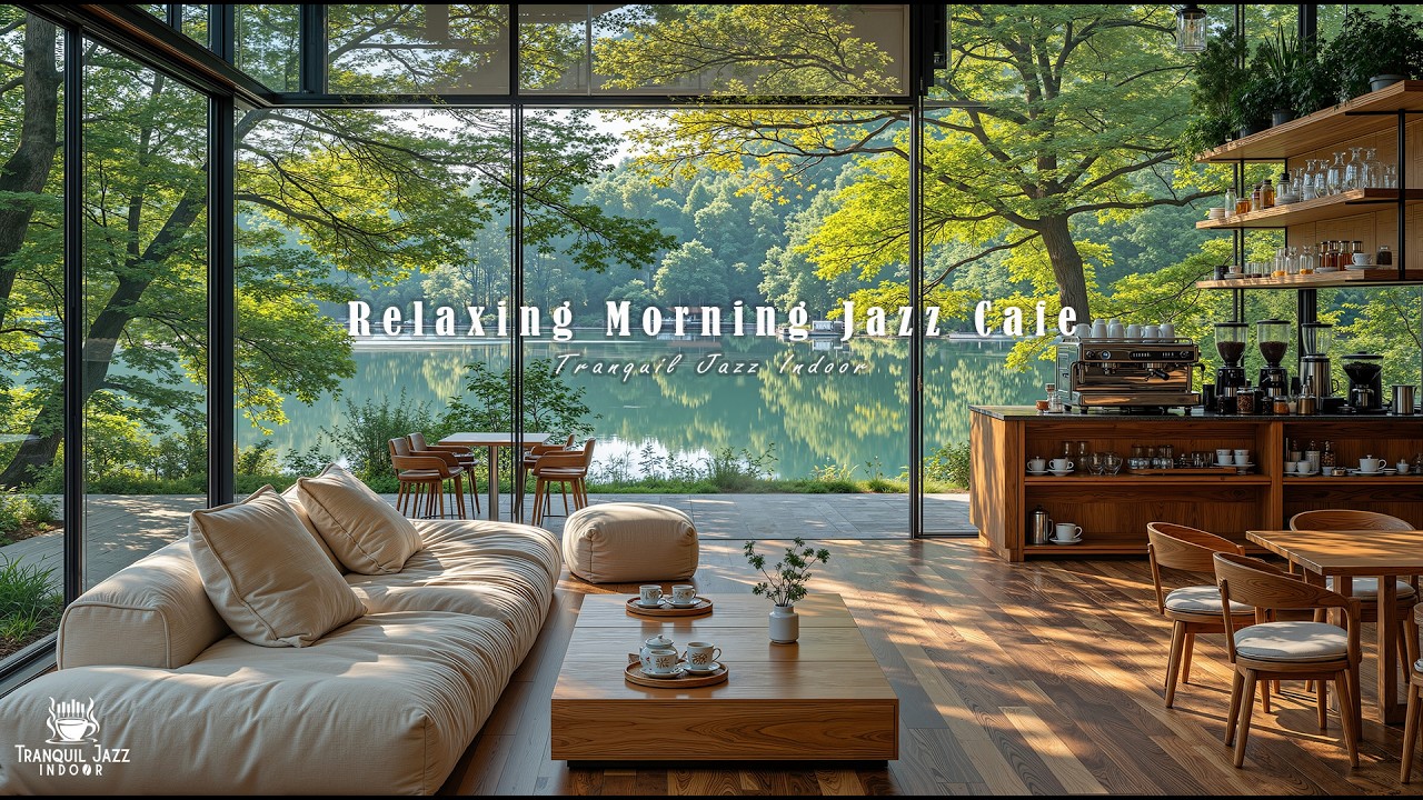 Relaxing Morning Indoor Jazz Cafe for Positive Energy | Soft Jazz Music by the Lake to Stress Relief