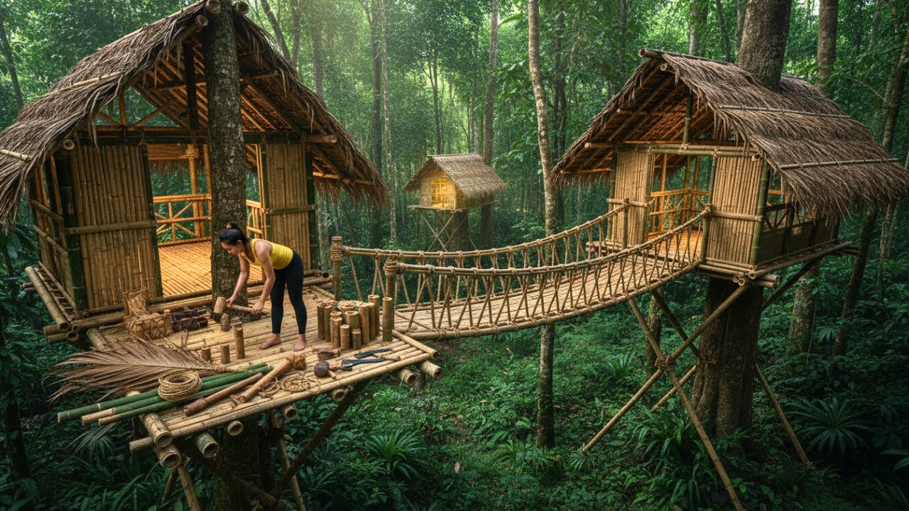 A Girl Builds a Bamboo Tree House in 15+ Days | Off Grid Construction