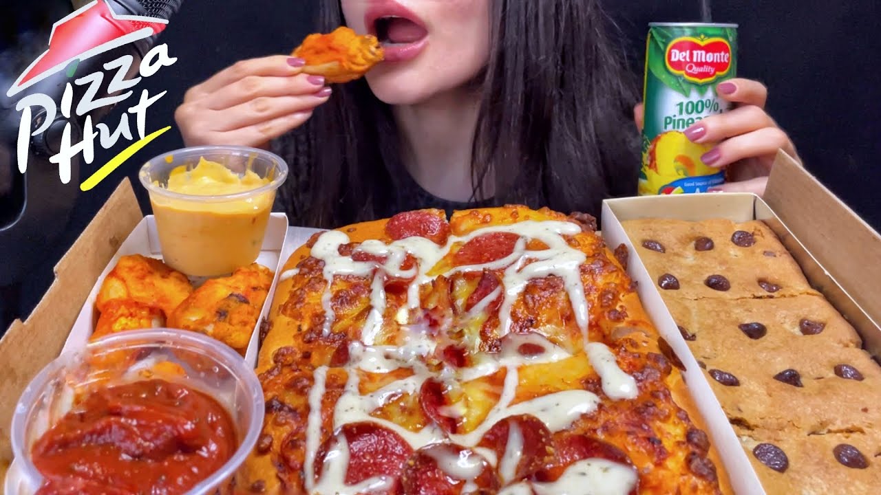 ASMR PIZZA HUT MUKBANG (No Talking) EATING PEPPERONI + CHICKEN WINGS