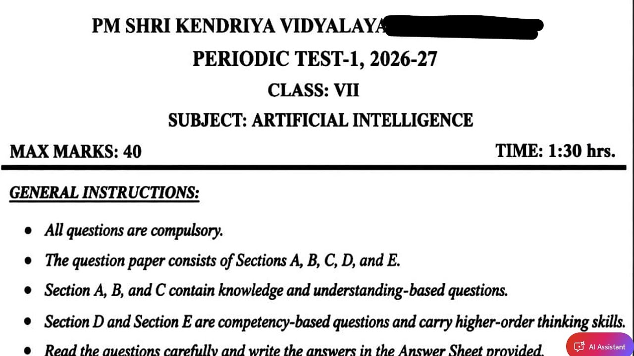 Class-7 AI (Artificial intelligence)/ Periodic Test-1 PT-1 Paper PM SHRI KV Question Paper 2026-27
