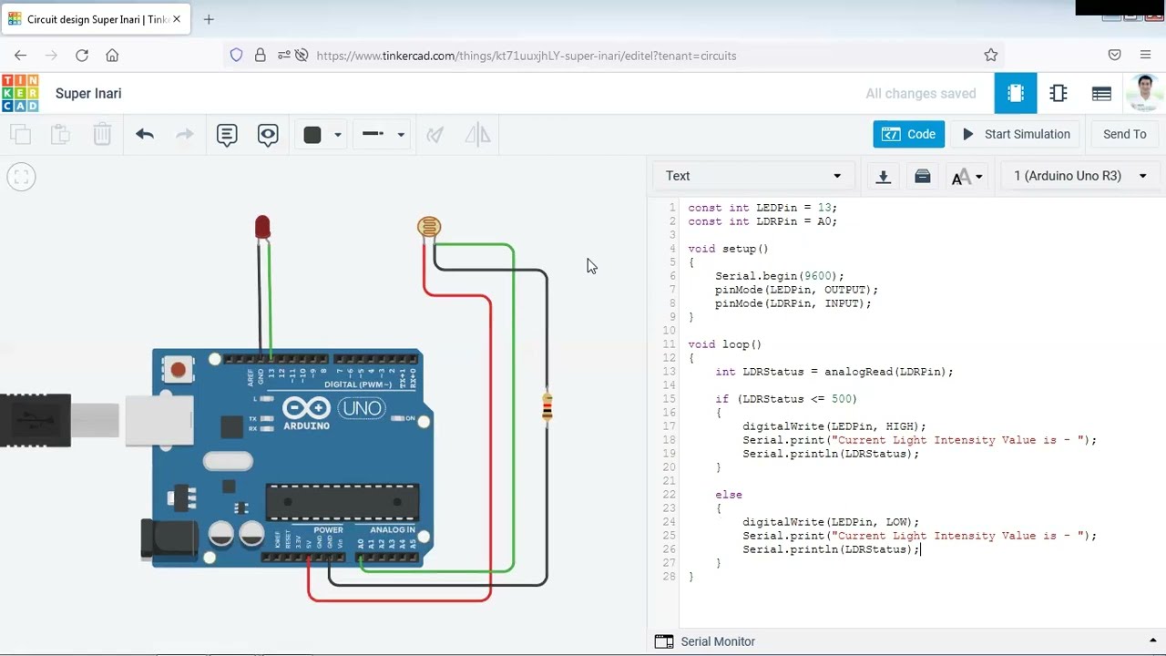 LDR Sensor & Arduino using Tinkercad