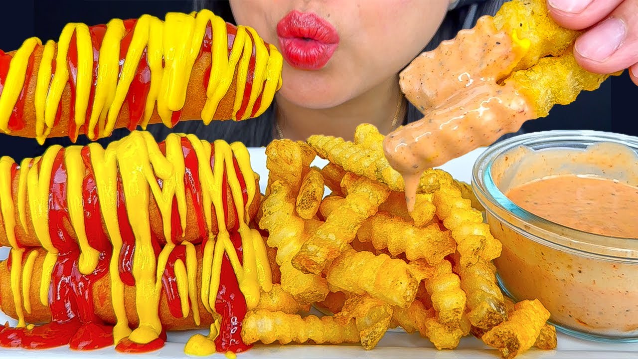 ASMR CORN DOGS & CRINKLE FRIES DIPPED IN RAISING CANES SAUCE | ASMR | EATING SOUNDS | MUKBANG