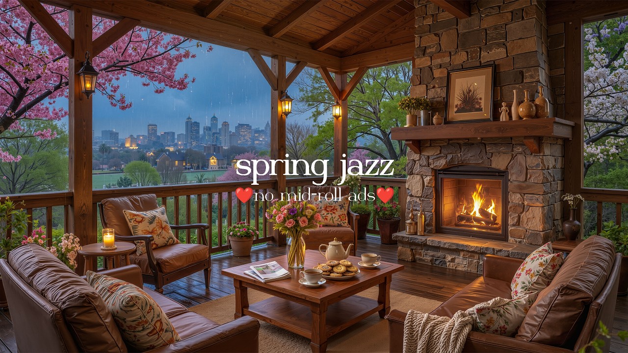 🌷 Relaxing Spring Jazz (NO MID-ROLL ADS) – Calm Fireplace Ambience for Study & Relaxation