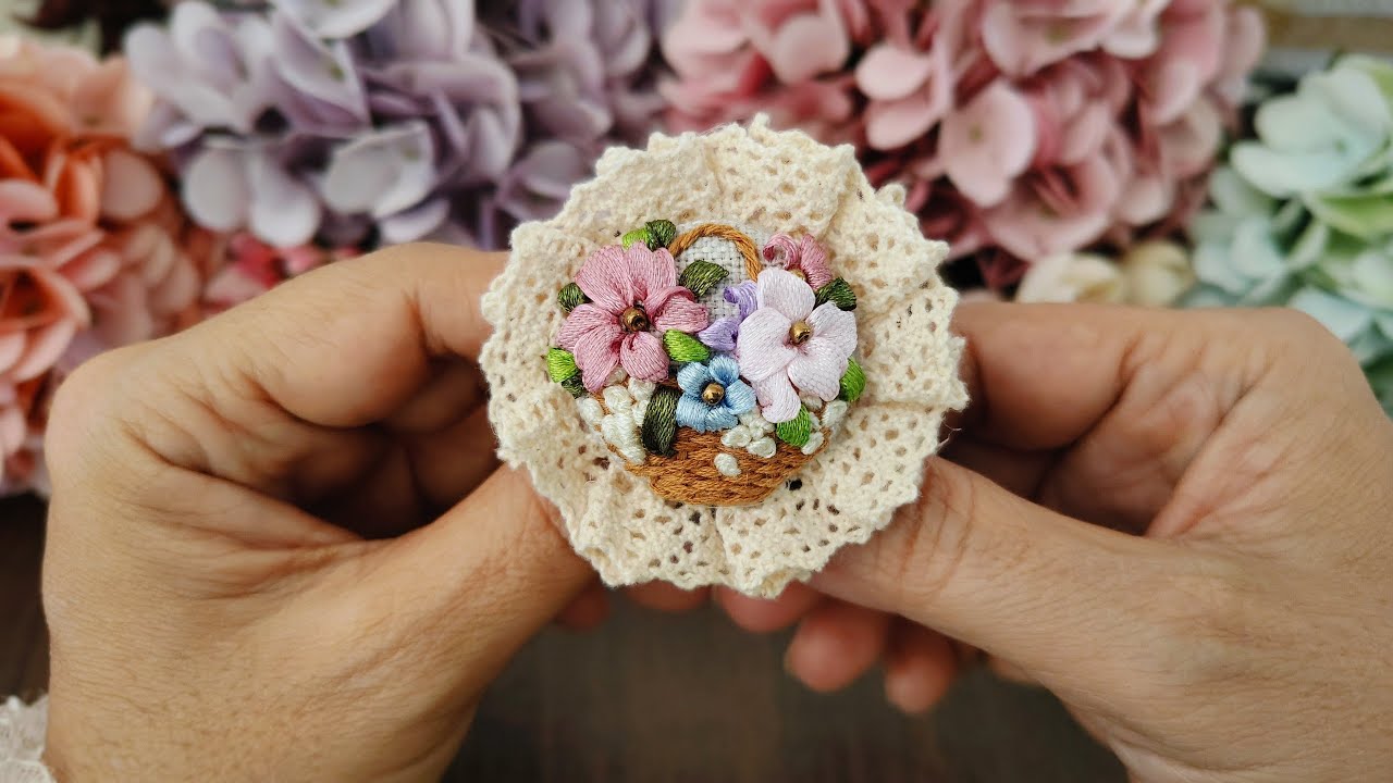 Flowers Basket Embroidery Brooch - Vintage Lace Embroidered Brooch - Handmade To Sell - Gift Idea