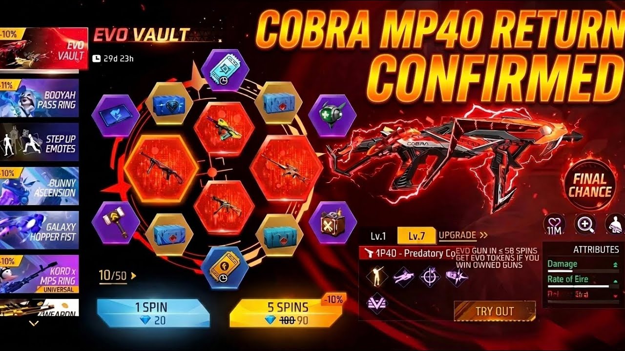 Cobra mp40 return Confirm date|Cobra mp40 return|Cobra mp40 return date|Free Fire new event 