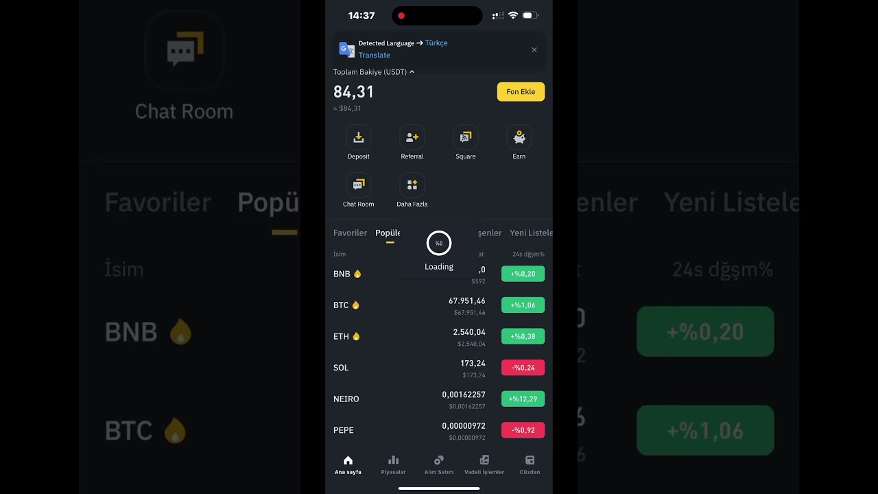 Binance mobil uygulamasını T&uuml;rk&ccedil;e dil desteğine &ccedil;evirmek