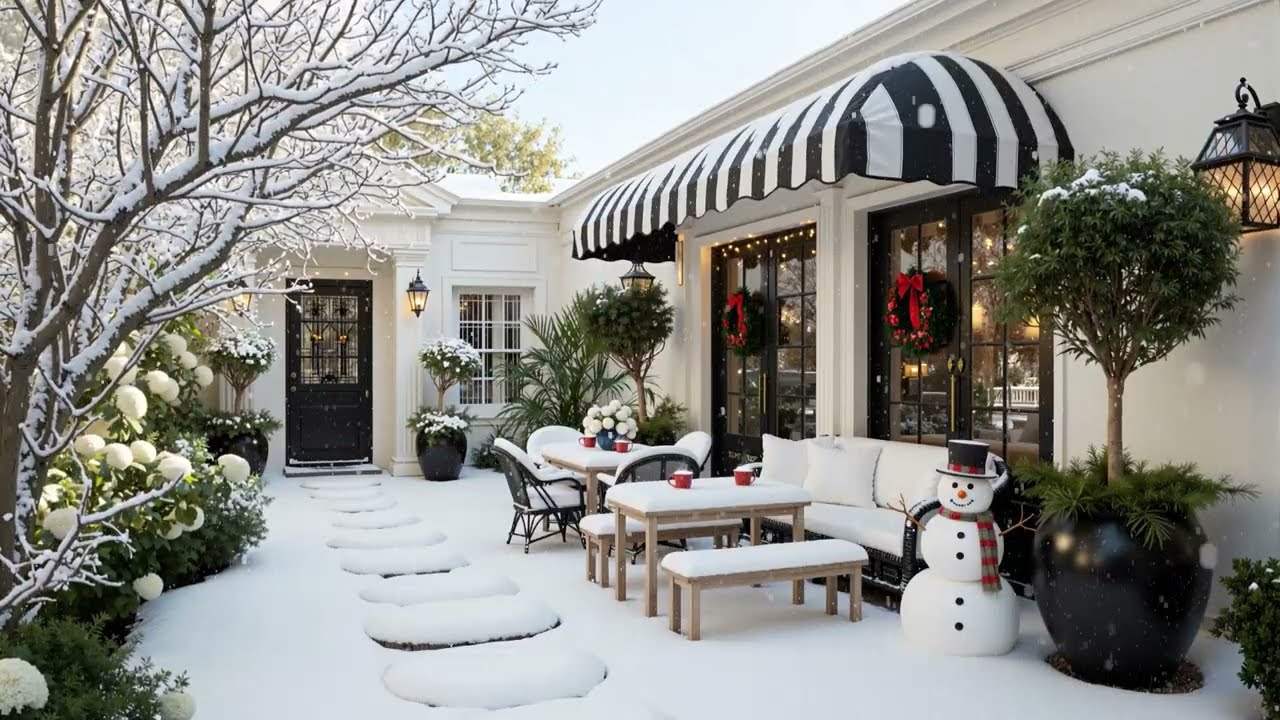 Cozy Winter Patio Jazz 🎄 Elegant Snowy Garden Ambience with Soft Piano Music for Study & Relax