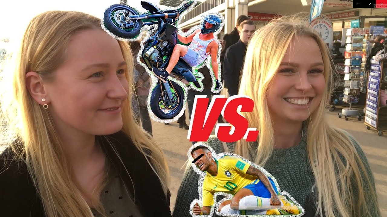 Fußballer oder Motorradfahrer? Umfrage am Hamburger Hafen