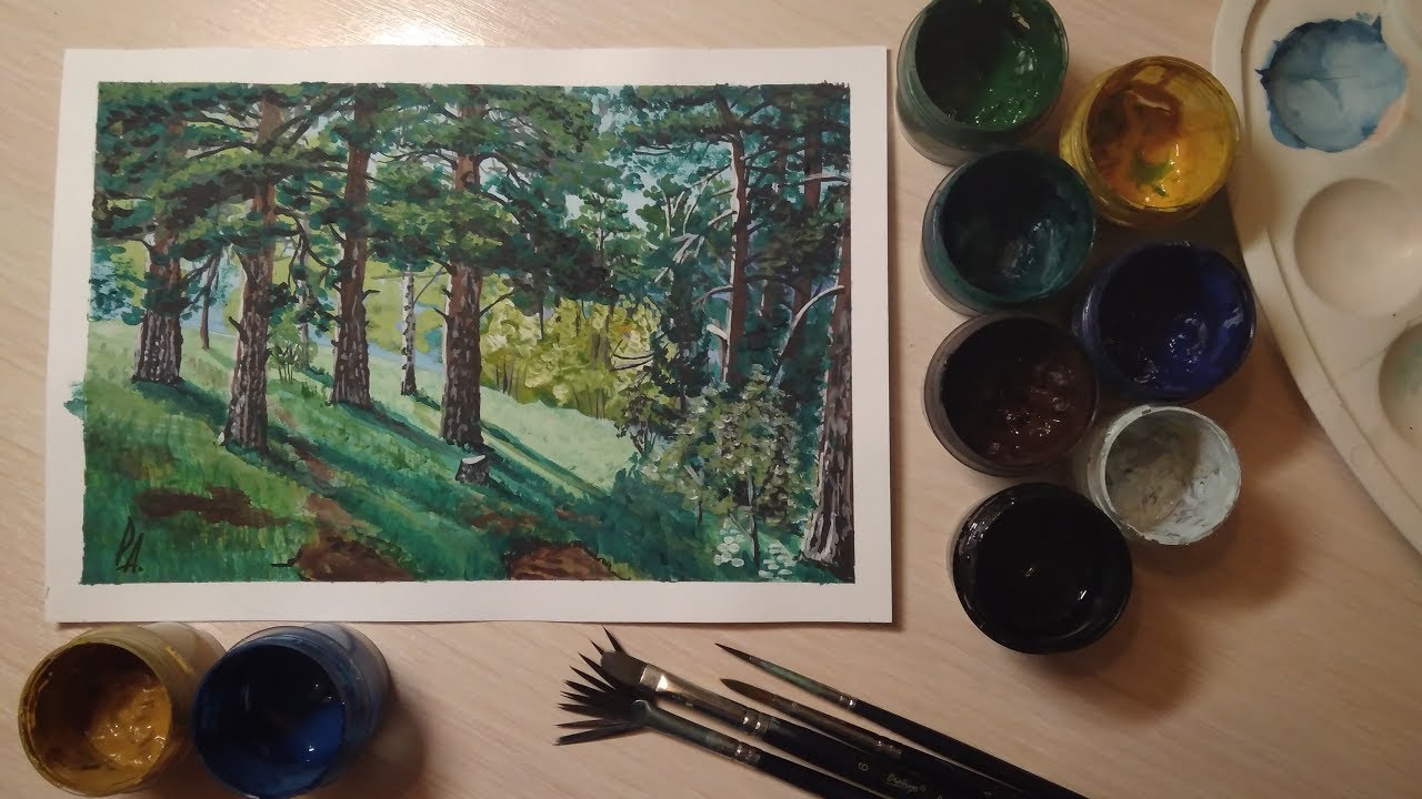 Рисуем сосновый лес(гуашь)для начинающих
