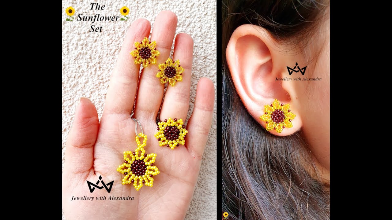 The Sunflower Set 🌻 How To Make Beaded Sunflower Stud Earrings, Pendant And Ring ☀️