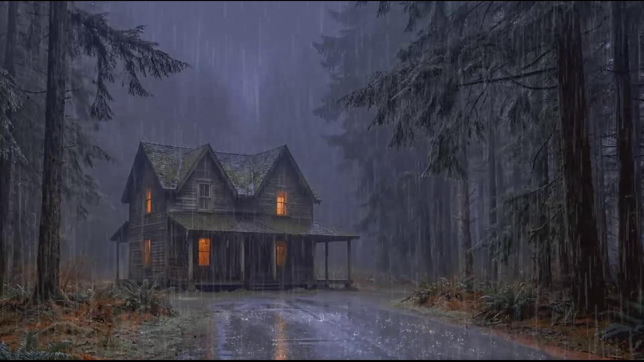 Gentle Rain with Soft Thunder in a Cozy Woodland Cabin for Relaxing Sleep