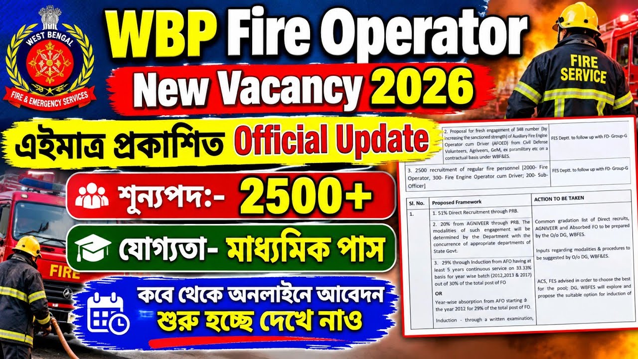 WBP Fire Operator New Vacancy 2026 || New Notification for 25,000 Vacancies in State Fire Department
