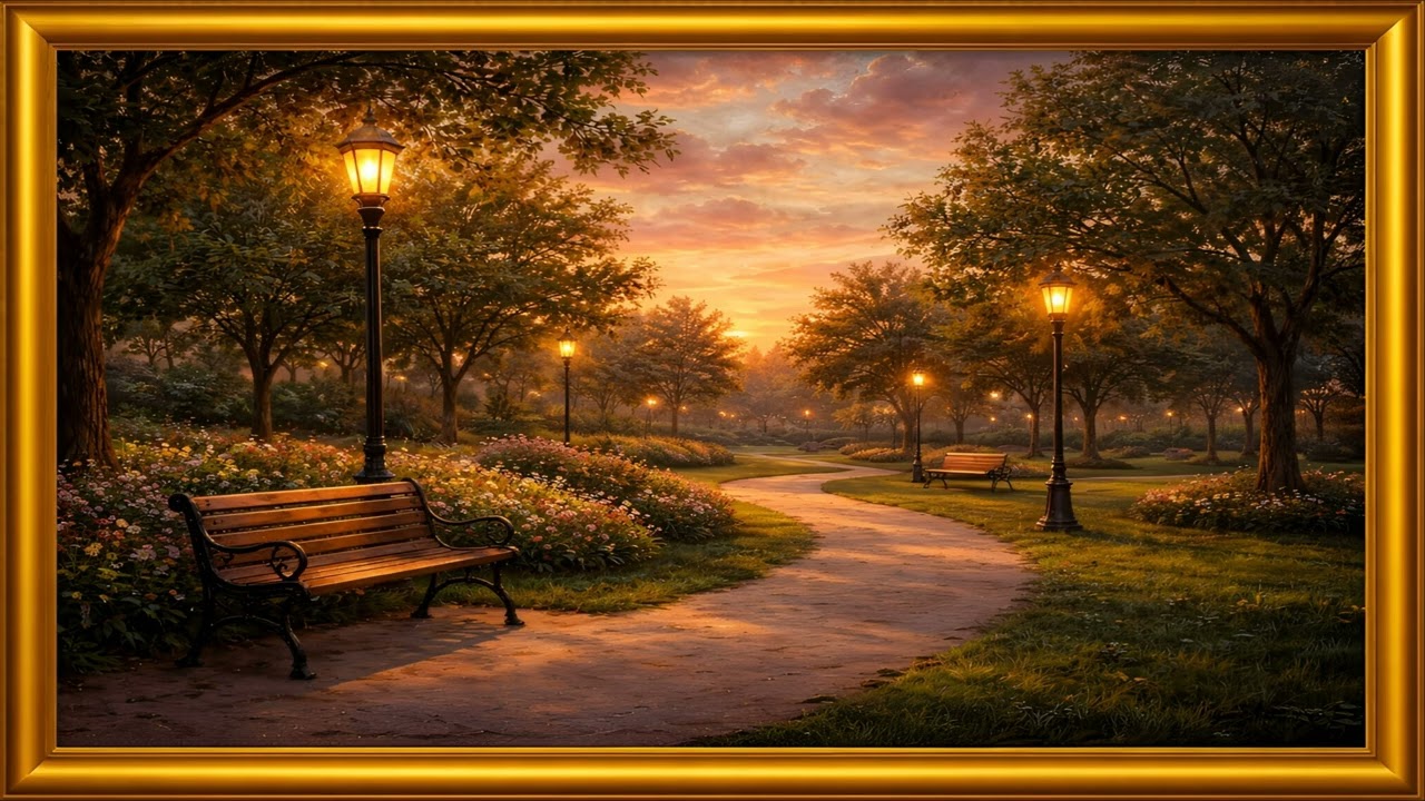 (4K) Skyview City Park Painting | TV Screensaver | Gold Frame TV Art | 1 Hour