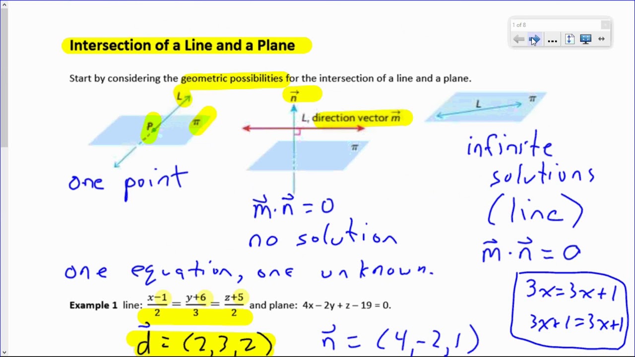 MCV4U:   The intersection of a line and plane and the intersection of 2 planes