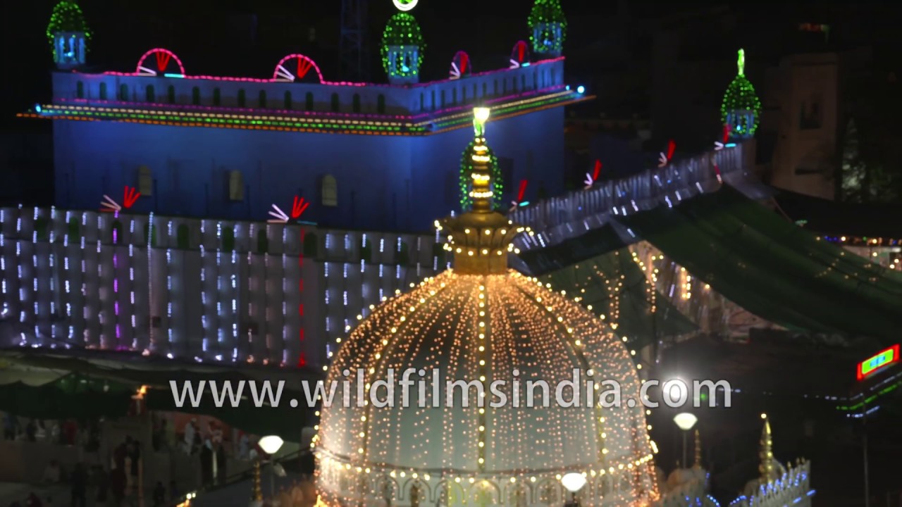 Ajmer Sharif Dargah all lit up at night, as seen aerially