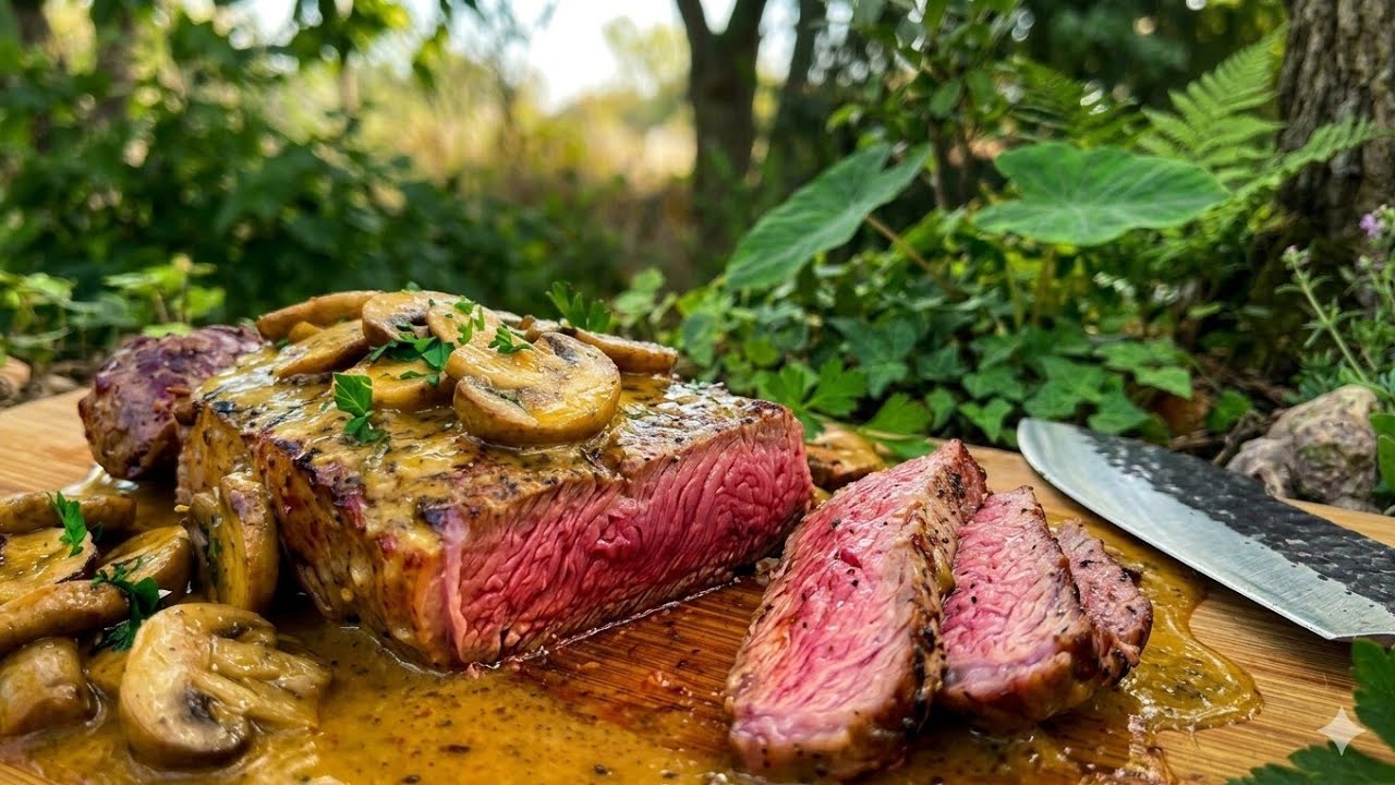 Danish steak cooked in the pan with cream of mushrooms - ASMR Countryside