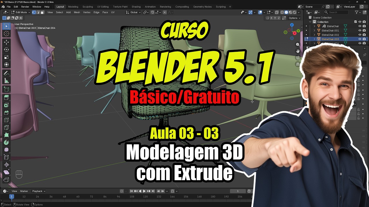 Curso Blender 5.1 Básico | Aula 03.3 — Modelagem 3D com Extrude