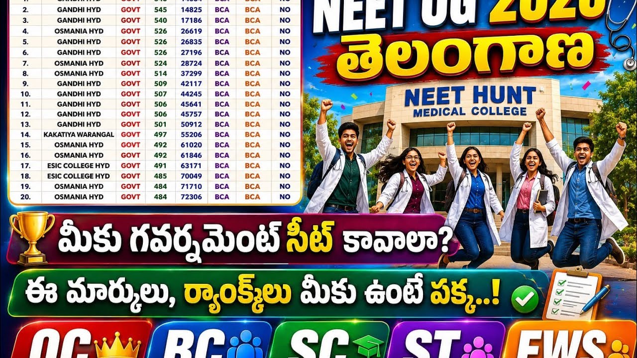 Neet ug 2026 telangana government medical colleges cut off ranks marks | Neet Hunt | neet ug 2026 in