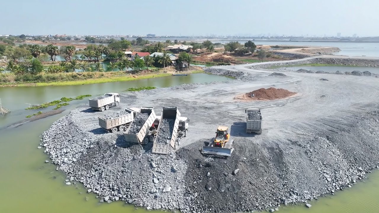 Wow Amazing DumpTruck SHACMAN Transport Stone Filling Big Lake With Bulldozers SHANTUI Push