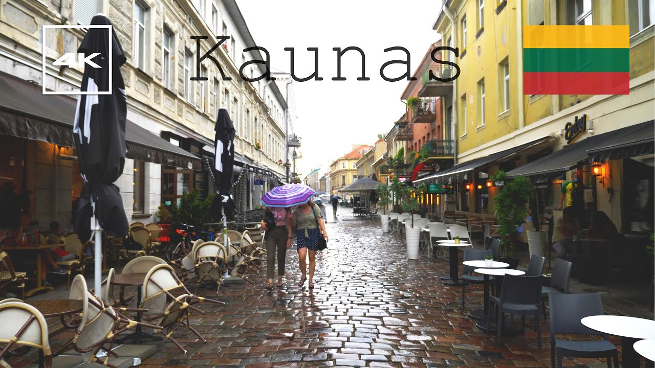 Kaunas, Lithuania 4k summer rain walk tour. Virtual walking in the old town