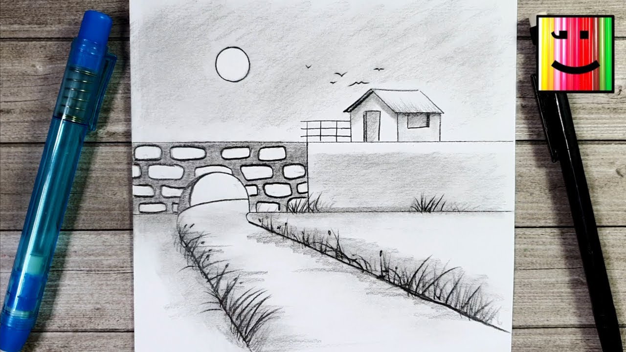 Comment dessin un paysage - Dessin d'une rivière - Dessiner au crayon de papier