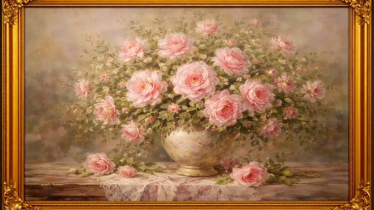 Elegant Gold Frame TV Art | Pink Rose Oil Painting (4K)