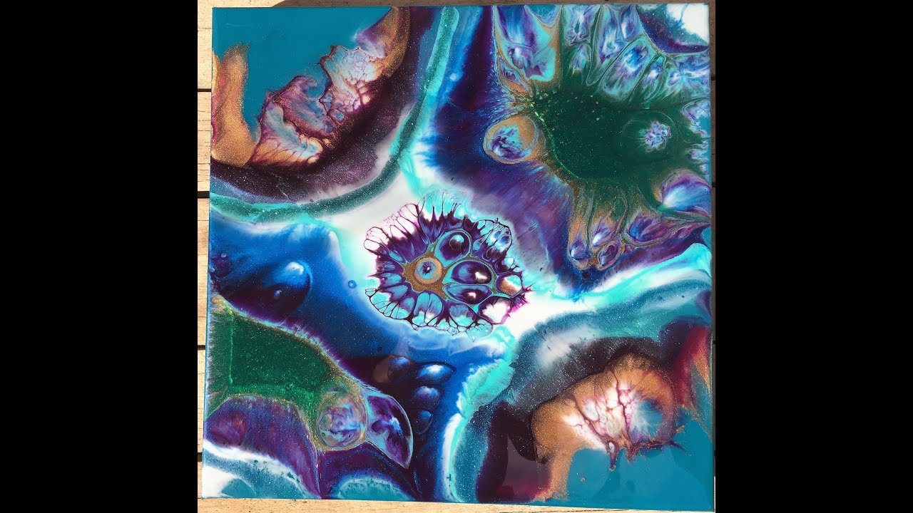 91. Resin Pour on a Canvas. Peacock Colors.