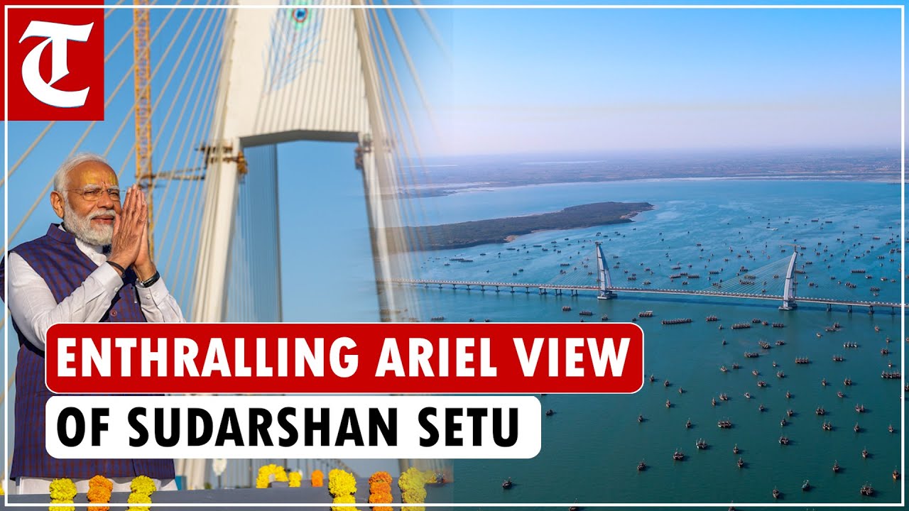 Enthralling ariel view of Sudarshan Setu, India’s longest cable-stayed bridge in Dwarka
