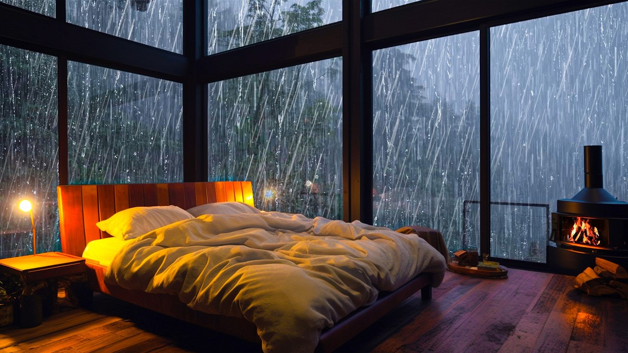Stress Loslassen und Sofort Einschlafen 🌙 Keine Werbung | Fenster Regen & Gemütlicher Kamin