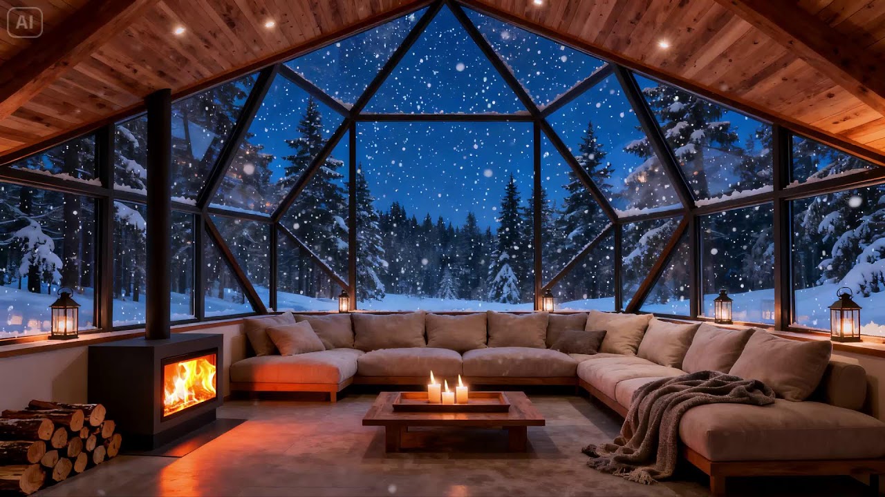 Modern A-Frame Winter Lounge 🔥 Snowy Forest Ambience for Study and Calm