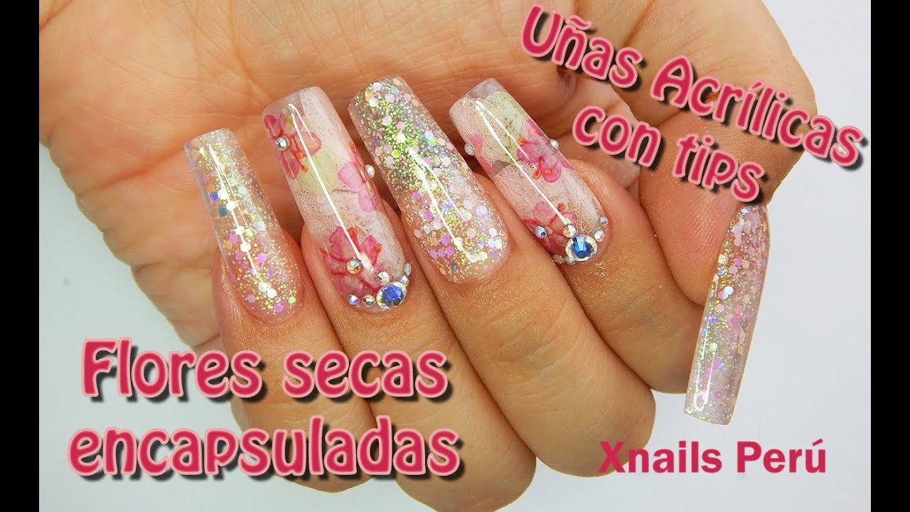 Uñas Acrilicas con tips full C y flores secas encapsuladas / Xnails Peru