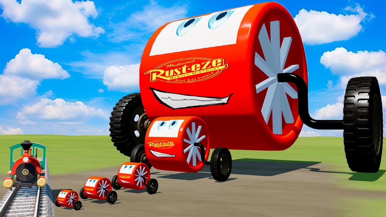 Big & Small: Monowheel Lightning Mcqueen with Monster Truck Wheels vs Trains | BeamNG.Drive