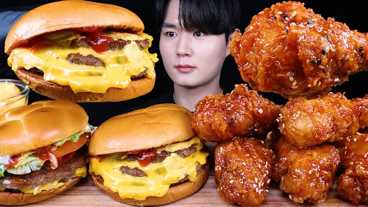 트리플 치즈버거 피자버거 양념치킨 치킨 먹방ASMR MUKBANG TRIPLE CHEESEBURGERS & FRIED CHICKEN チキン チーズバーガー eating sounds