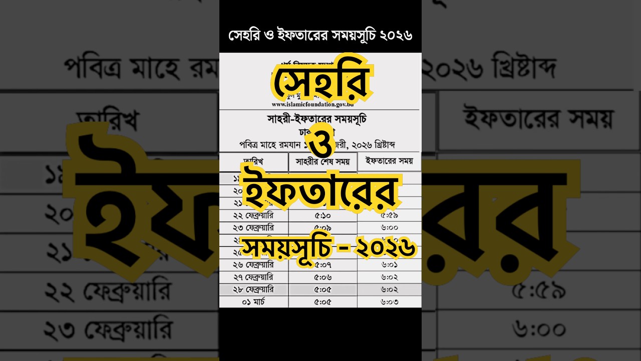 সেহরি ও ইফতারের সময়সূচি ২০২৬ || Sehori  & Iftarer time 2026 | আজকের সেহরি ও ইফতার ২০২৬ | রমজান ২০২৬